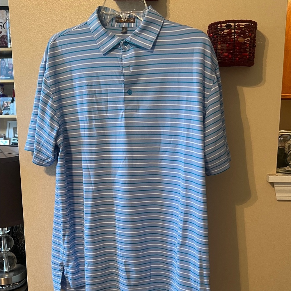 Peter Miller soft Blue Striped Men's button polo short sleeve Shirt L